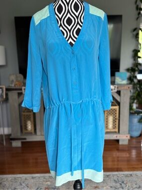 LA Made Pure Silk Turquoise V-Neck Shirt Dress